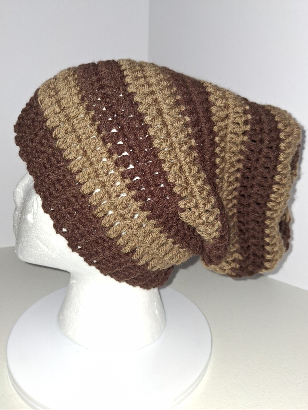 Beanie Slouchy Cap XL Brown Two Toned Striped Crocheted Handmade.